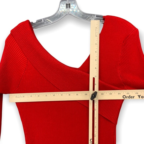 MAIN STRIP V Neck Sweater Dress Red Ribbed Knit Long Sleeve Womens Medium - Picture 5 of 12